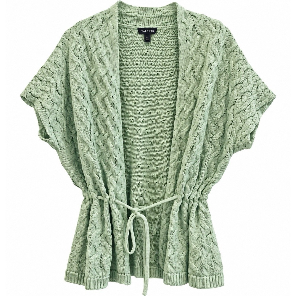 Talbots Women's Cardigan Sweater Vest With Drawstring Belt Green Size XL